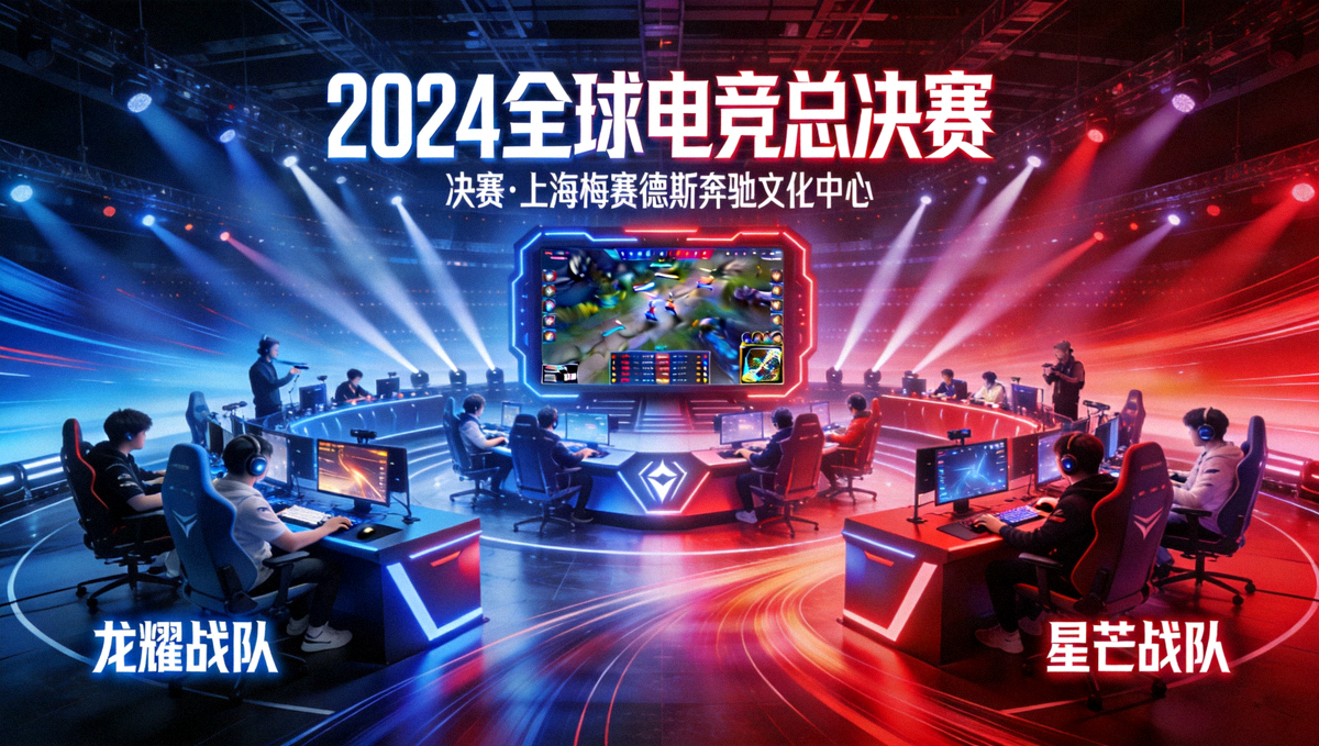 电竞舞台上多支职业战队在聚光灯下进行焦点对决的全景赛事海报画面